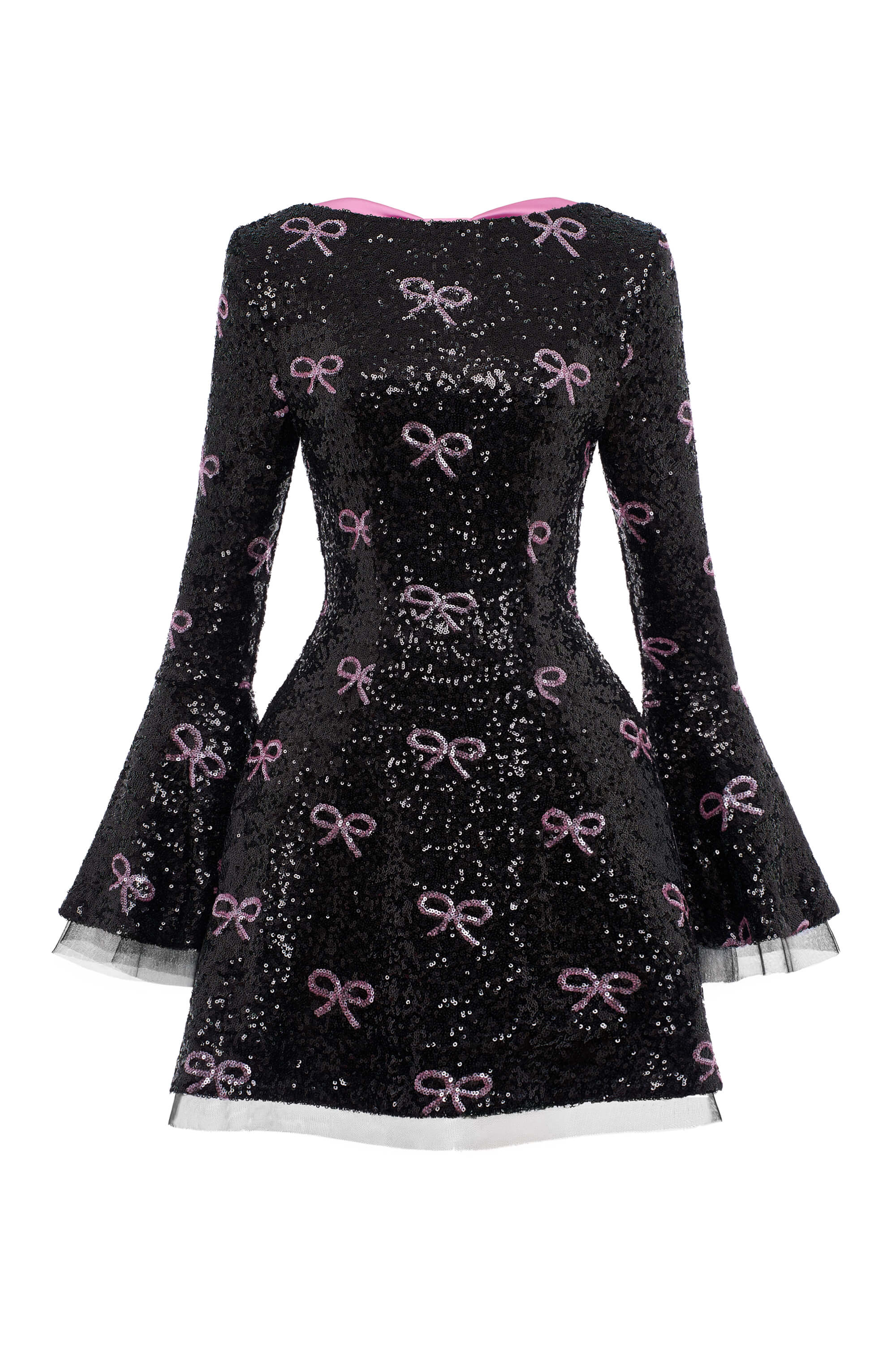 Black dress with pink bow pattern on a white background