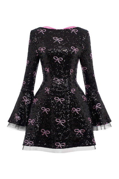 Black dress with pink bow pattern on a white background