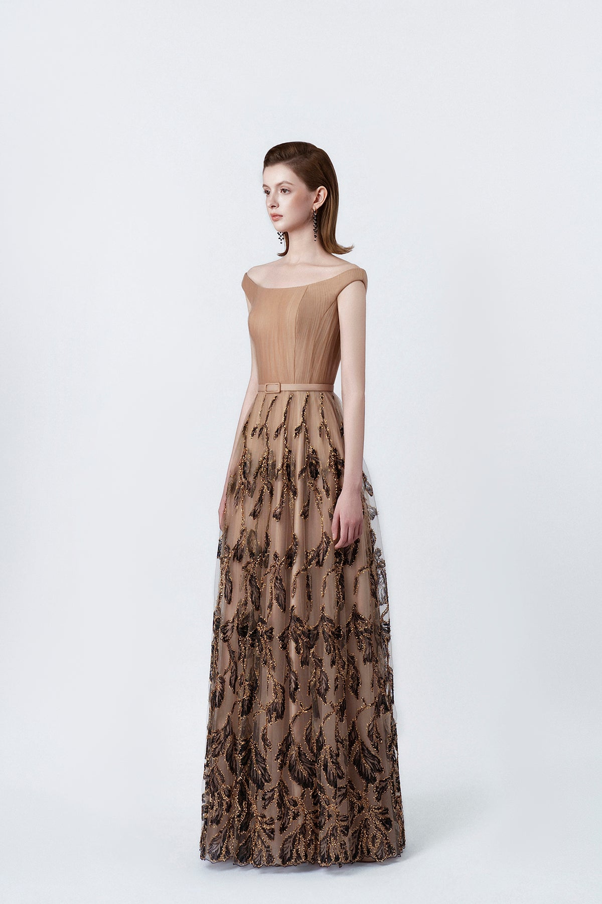 nude flared embellished maxi dress, DeTHEIA