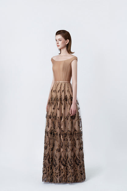 nude flared embellished maxi dress, DeTHEIA