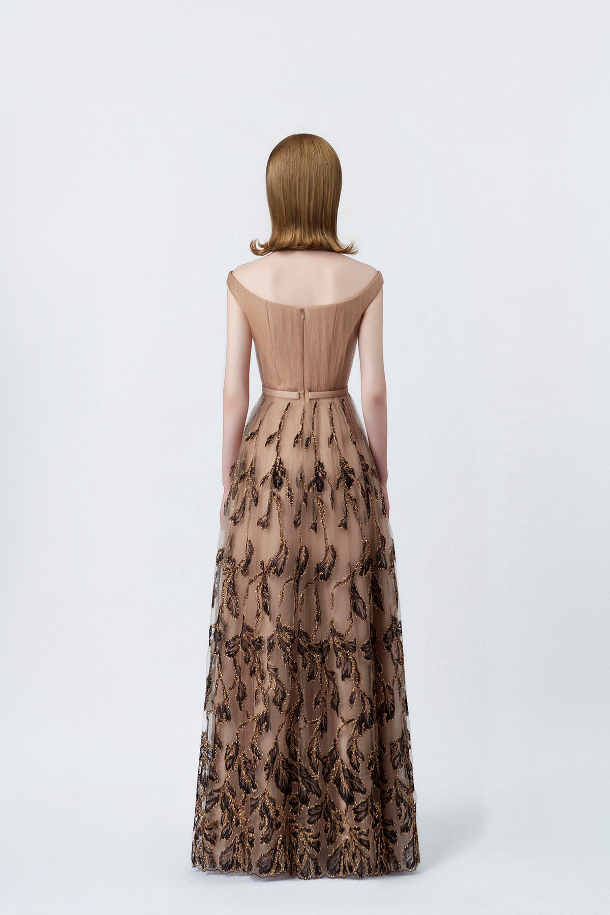 nude embellished maxi dress with back zip, DeTHEIA