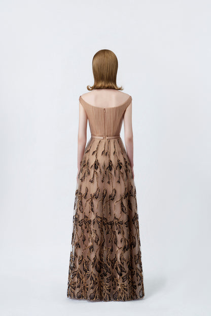 nude embellished maxi dress with back zip, DeTHEIA