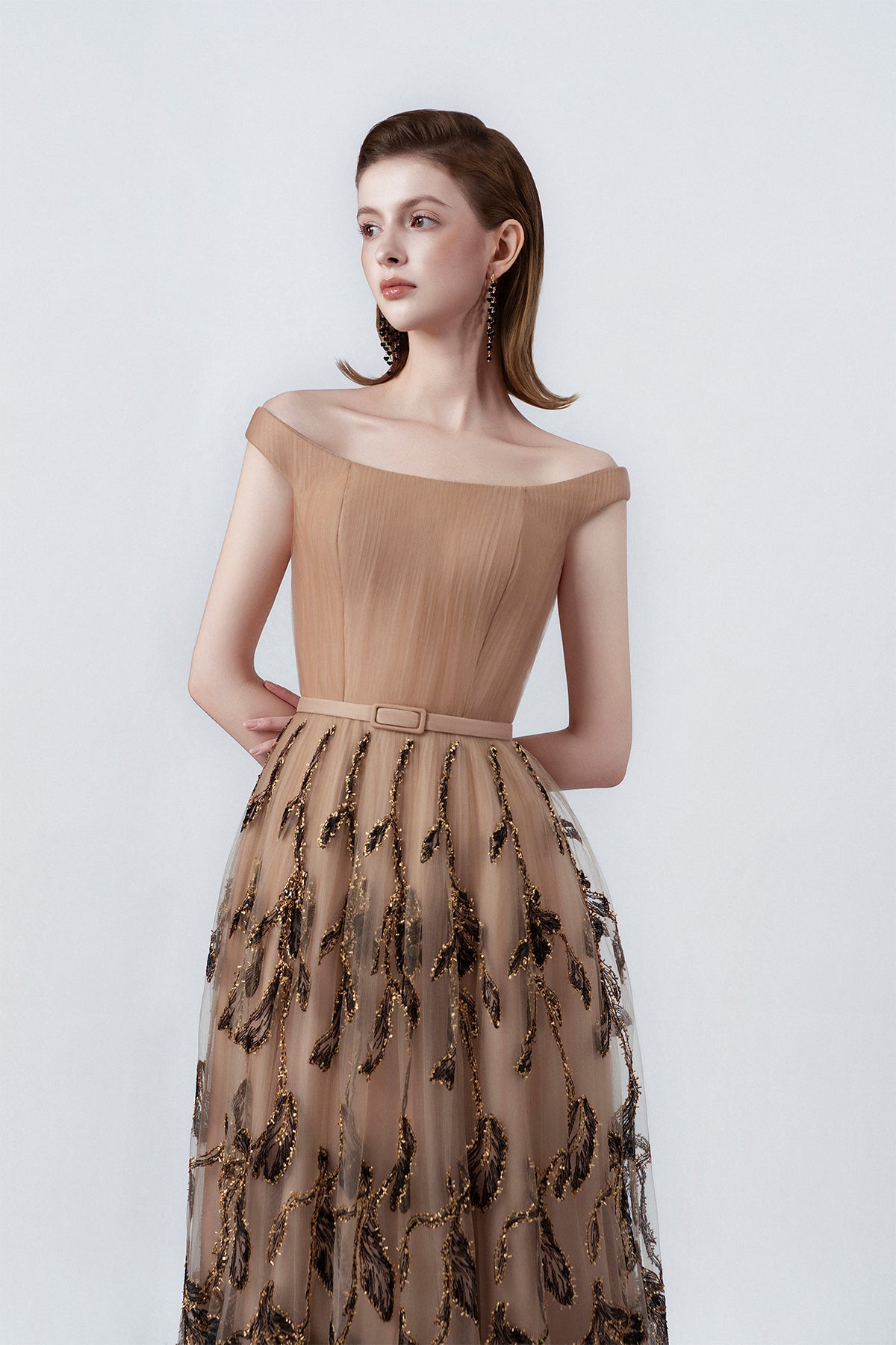 boat neckline on a nude embellished maxi, DeTHEIA