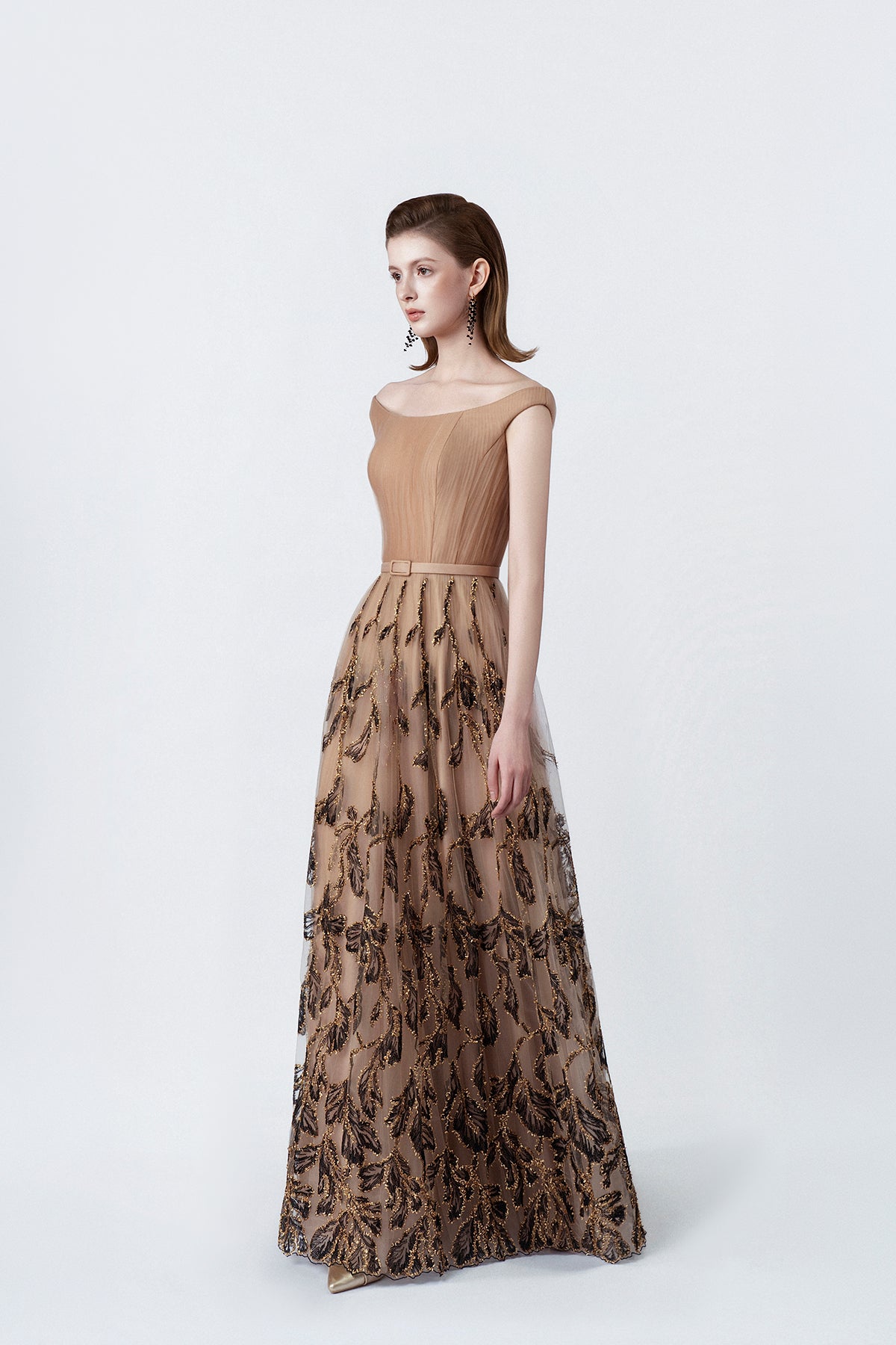 nude flared embellished maxi dress, DeTHEIA