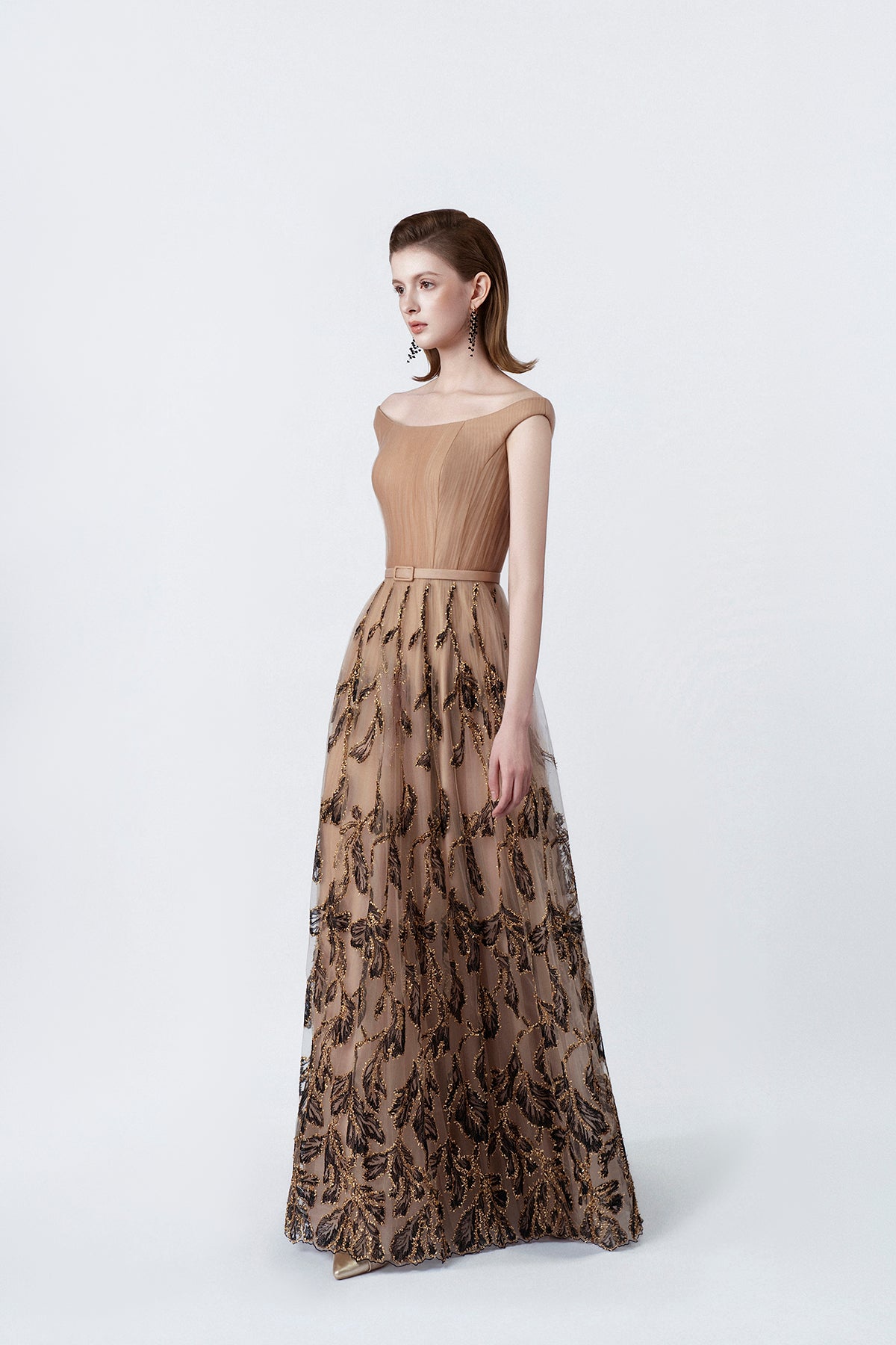 nude flared embellished maxi dress, DeTHEIA