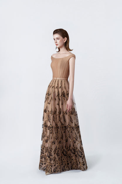 nude flared embellished maxi dress, DeTHEIA