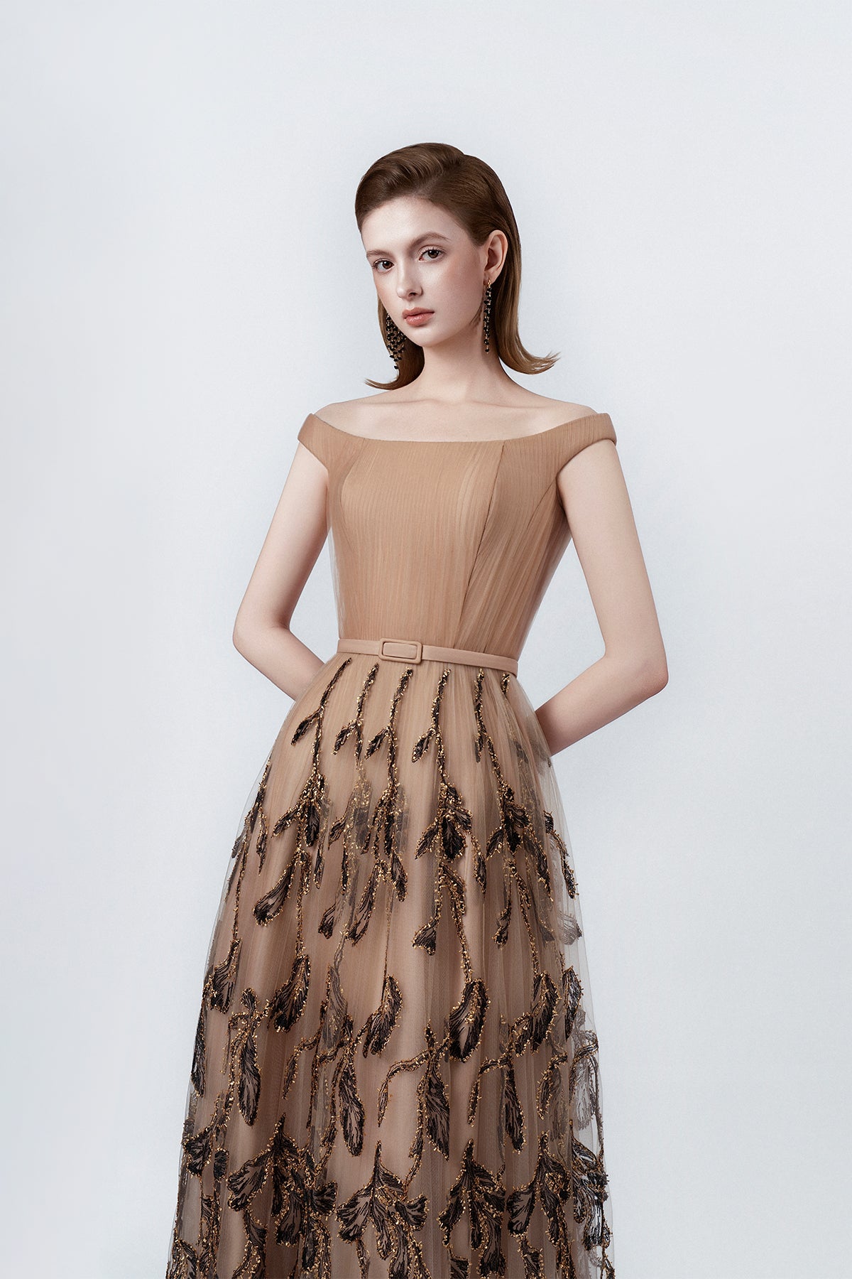 boat neckline on a nude embellished maxi, DeTHEIA