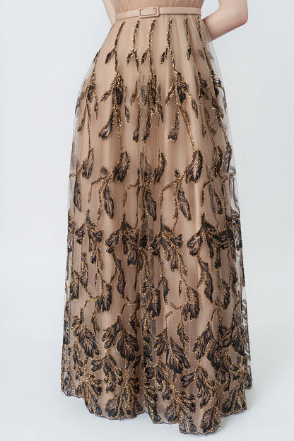 tiered fringed embellishment on the nude maxi, DeTHEIA