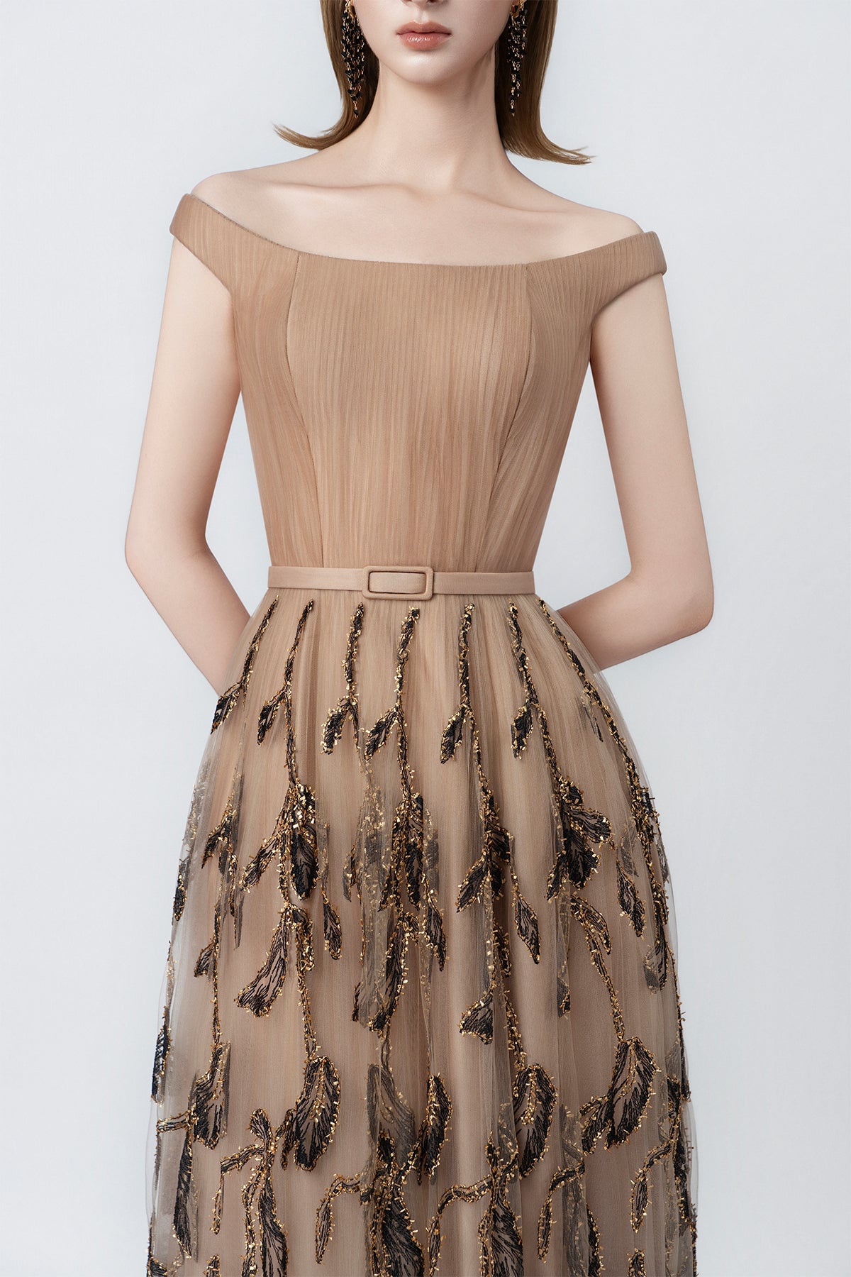 tiered fringed embellishment on the nude maxi, DeTHEIA