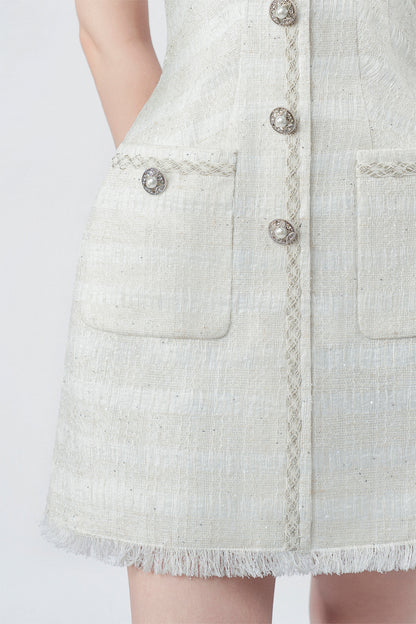 white A-line mini dress, DeTHEIA