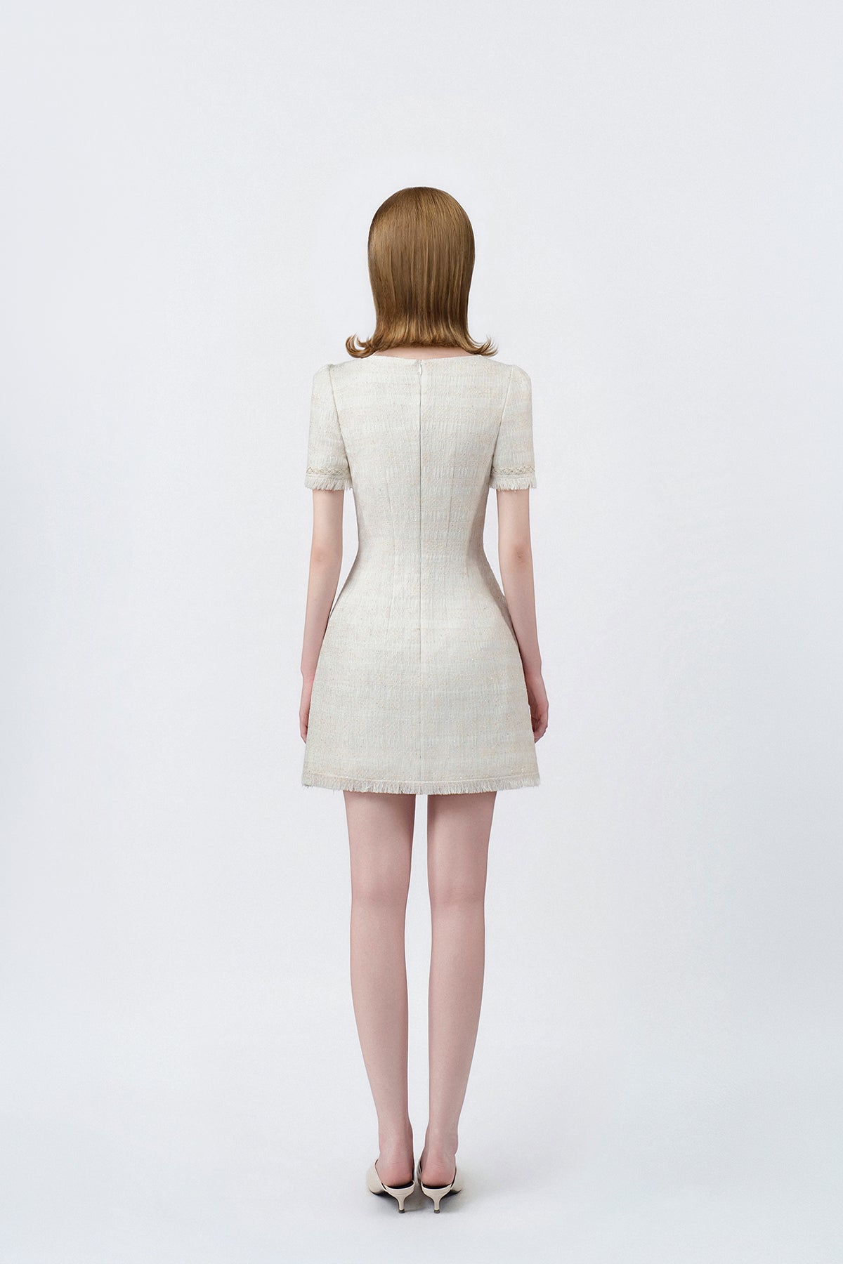 white A-line mini dress with back zip, DeTHEIA De Nona Cometa
