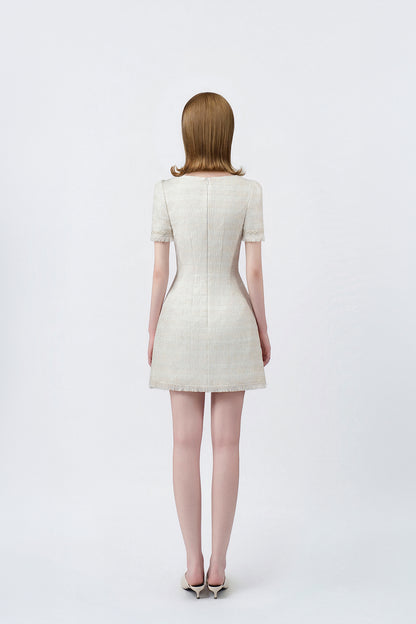 white A-line mini dress with back zip, DeTHEIA De Nona Cometa