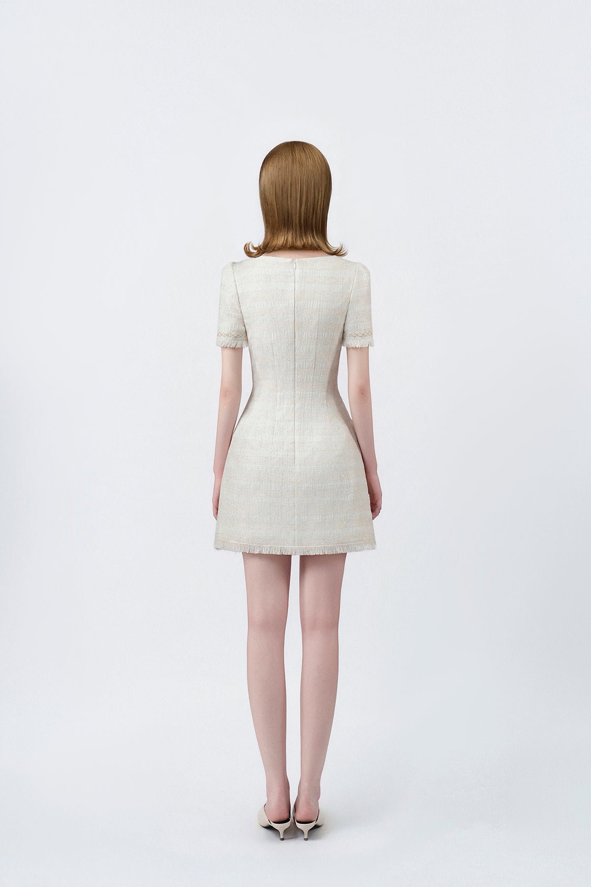white A-line mini dress with back zip, DeTHEIA De Nona Cometa
