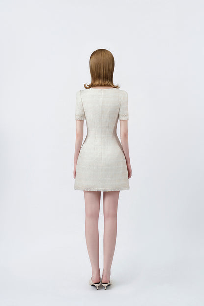 white A-line mini dress with back zip, DeTHEIA De Nona Cometa