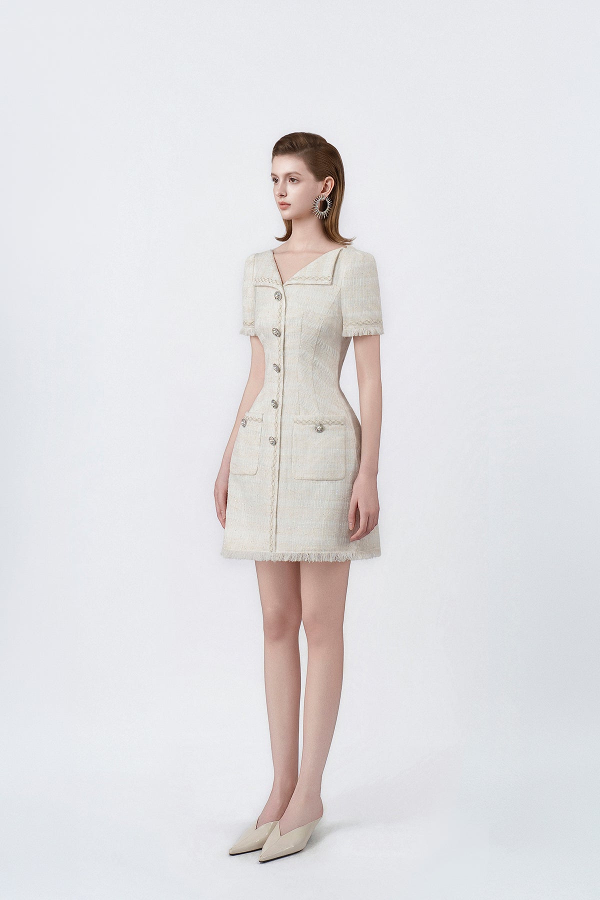 white flared A-line mini dress, DeTHEIA