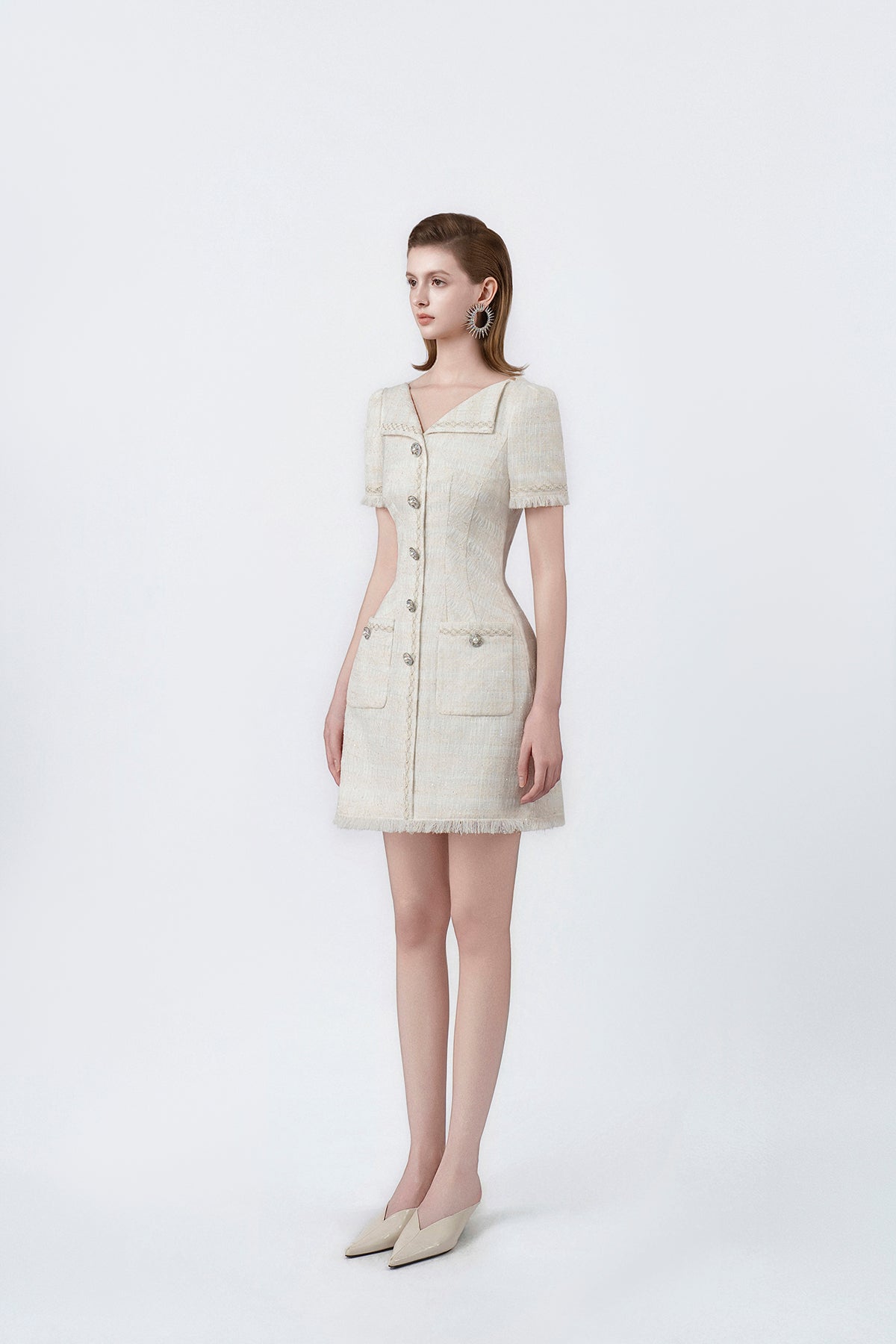 white flared A-line mini dress, DeTHEIA
