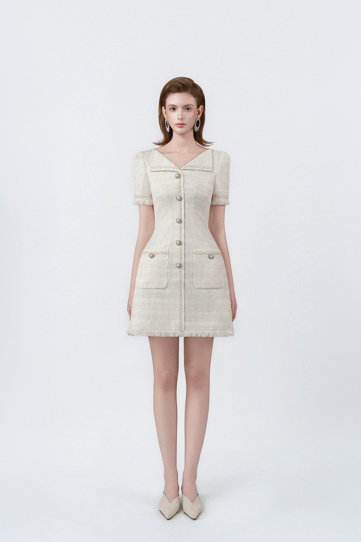 model in a white sailor-collar A-line mini dress, DeTHEIA