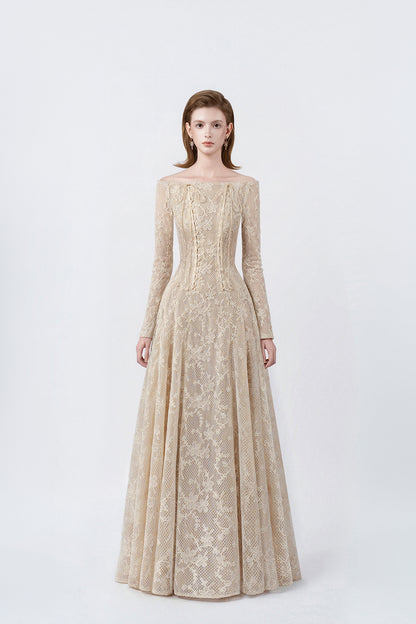 model in a beige off-the-shoulder long-sleeve maxi dress, DeTHEIA