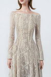 flared lace hem of the beige maxi dress, DeTHEIA