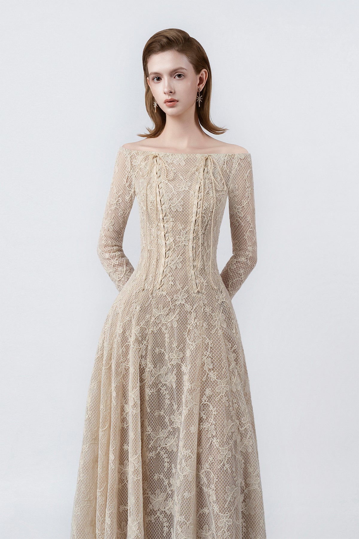 off-the-shoulder neckline and lace on beige, DeTHEIA