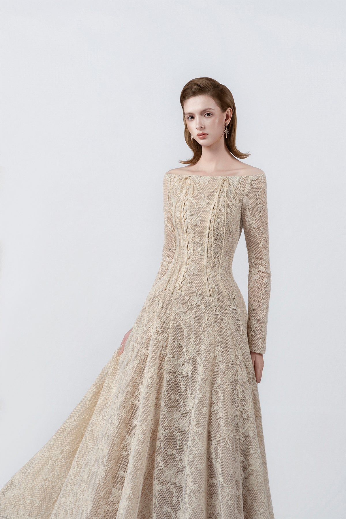 off-the-shoulder neckline and lace on beige, DeTHEIA