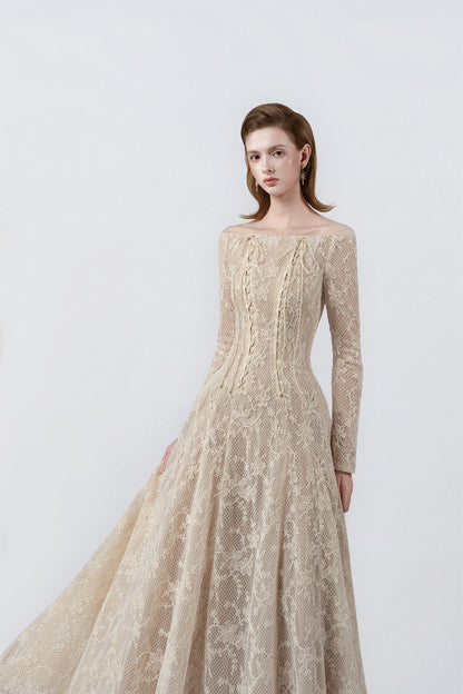 off-the-shoulder neckline and lace on beige, DeTHEIA