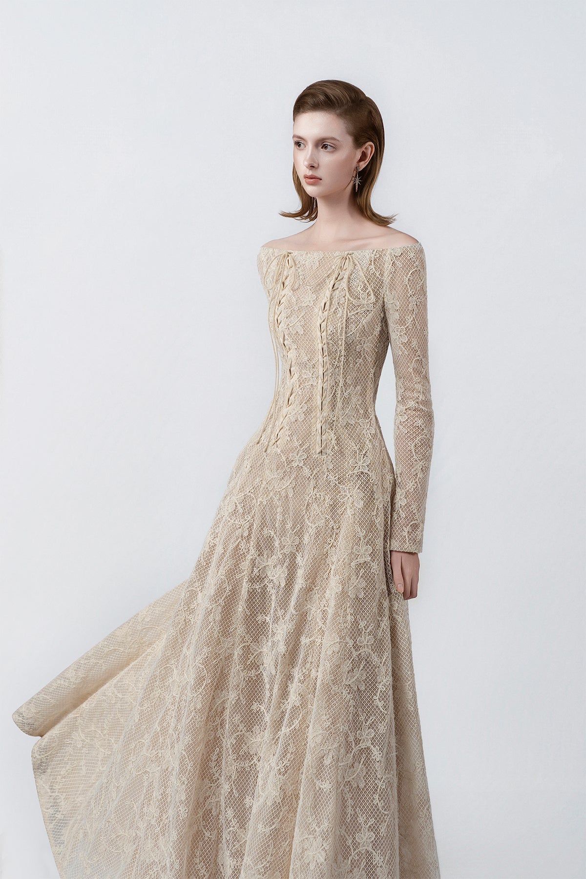 off-the-shoulder neckline and lace on beige, DeTHEIA