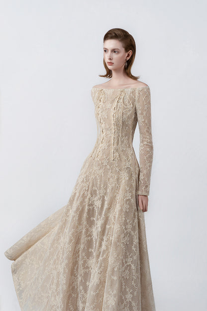 off-the-shoulder neckline and lace on beige, DeTHEIA