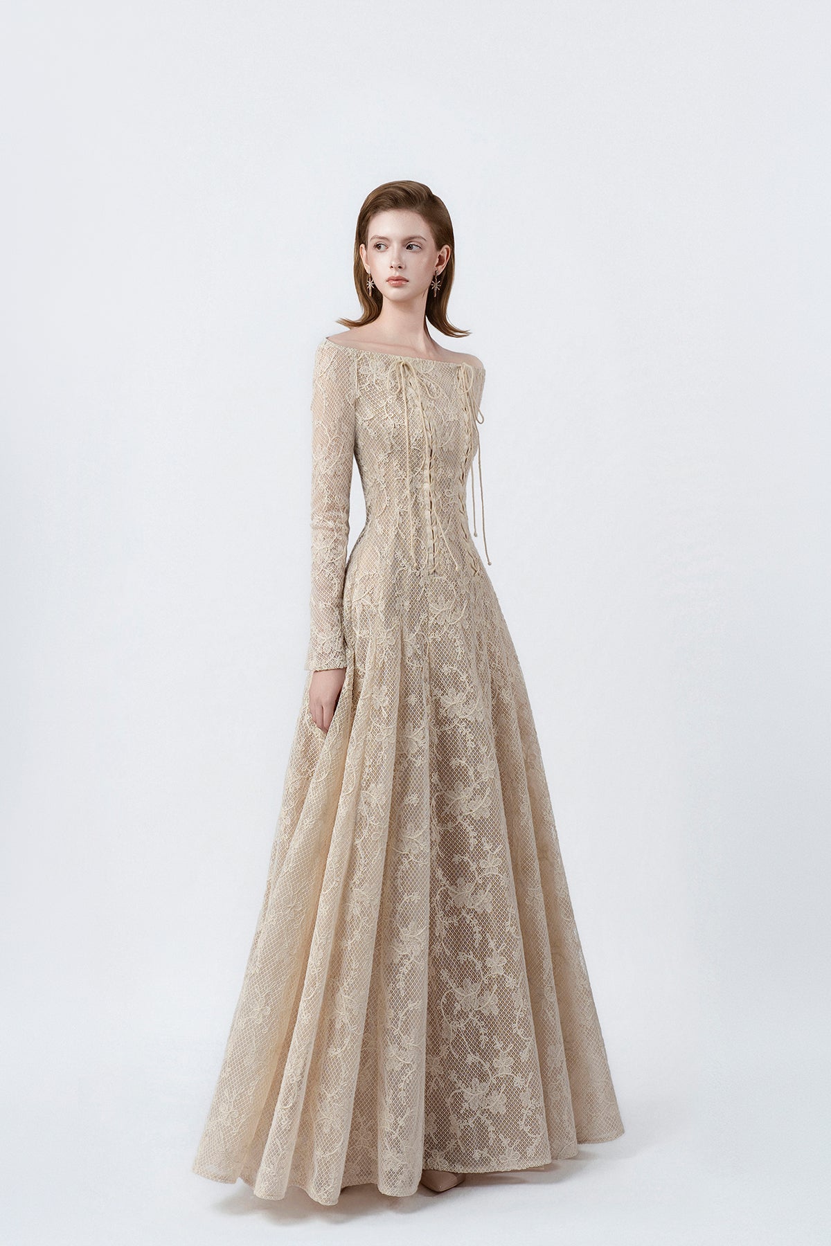 beige off-the-shoulder maxi dress, DeTHEIA De Nona Cometa
