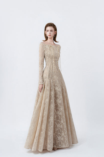 beige off-the-shoulder maxi dress, DeTHEIA De Nona Cometa