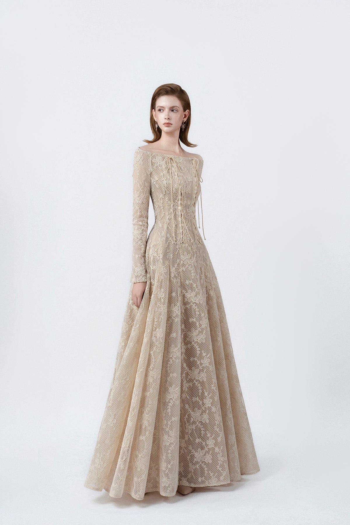 beige off-the-shoulder maxi dress, DeTHEIA De Nona Cometa