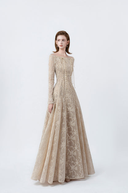 beige off-the-shoulder maxi dress, DeTHEIA De Nona Cometa