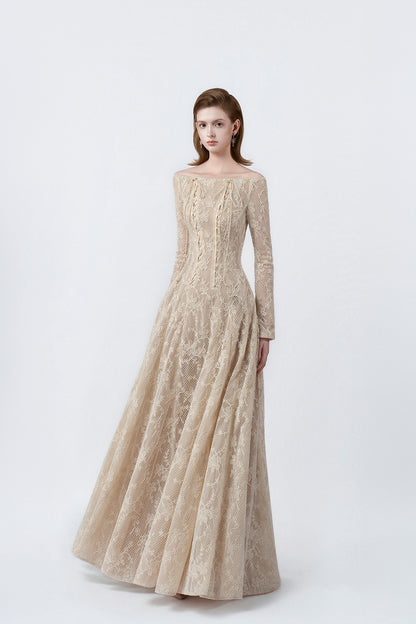 beige off-the-shoulder maxi dress, DeTHEIA De Nona Cometa