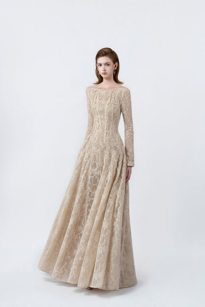beige off-the-shoulder maxi dress, DeTHEIA De Nona Cometa