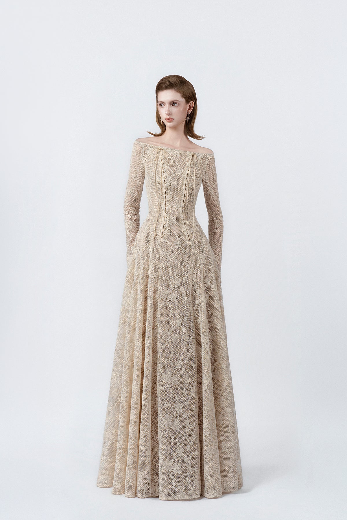 beige off-the-shoulder maxi dress, DeTHEIA De Nona Cometa