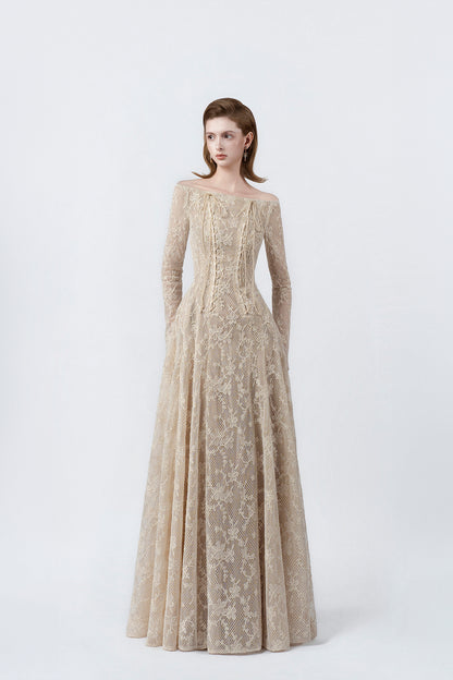 beige off-the-shoulder maxi dress, DeTHEIA De Nona Cometa