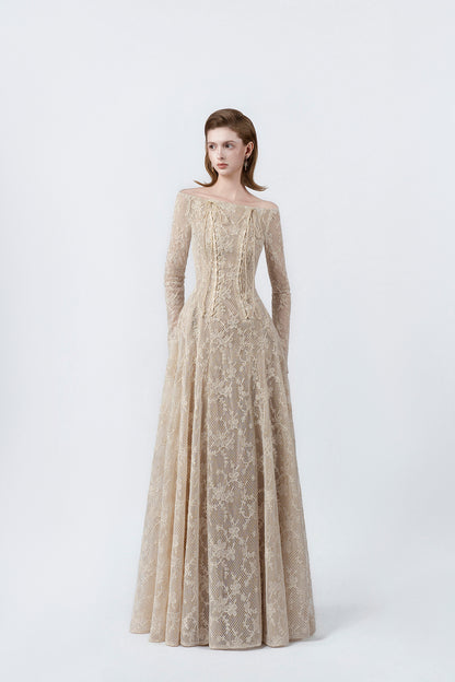 beige off-the-shoulder maxi dress, DeTHEIA De Nona Cometa
