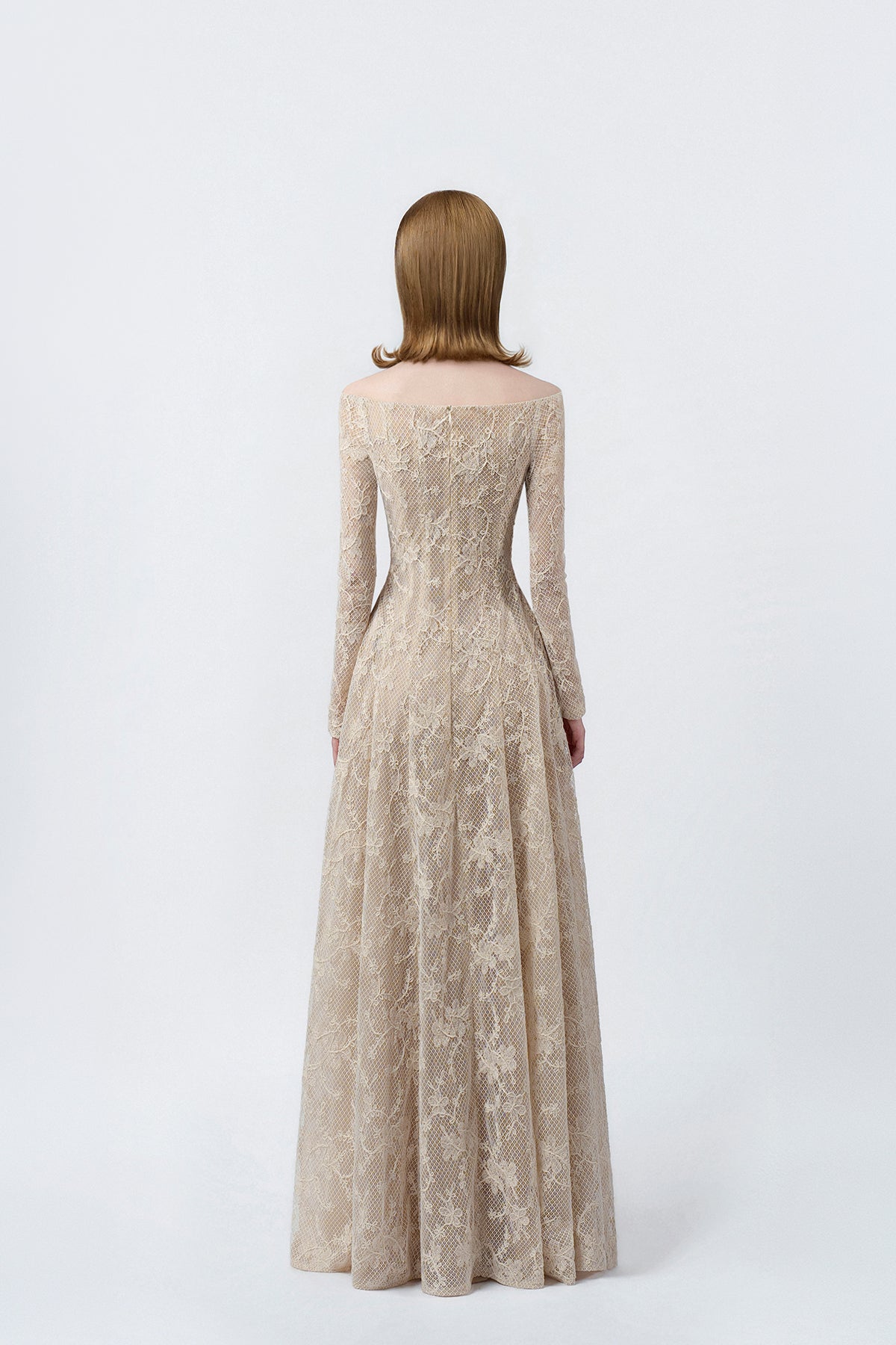 beige off-the-shoulder maxi dress with back zip, DeTHEIA
