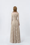beige off-the-shoulder maxi dress with back zip, DeTHEIA