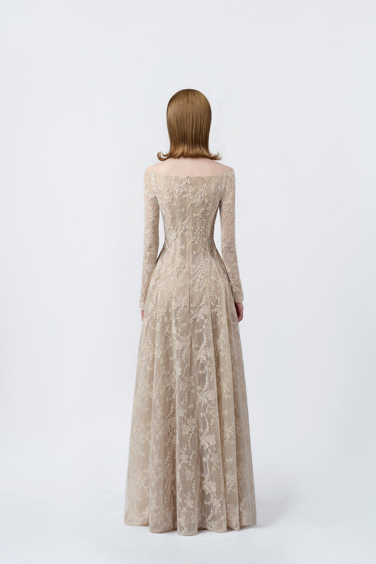 beige off-the-shoulder maxi dress with back zip, DeTHEIA