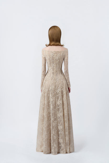 beige off-the-shoulder maxi dress with back zip, DeTHEIA