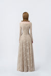 beige off-the-shoulder maxi dress with back zip, DeTHEIA