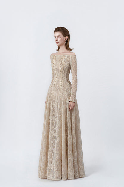 beige flared lace maxi dress, DeTHEIA