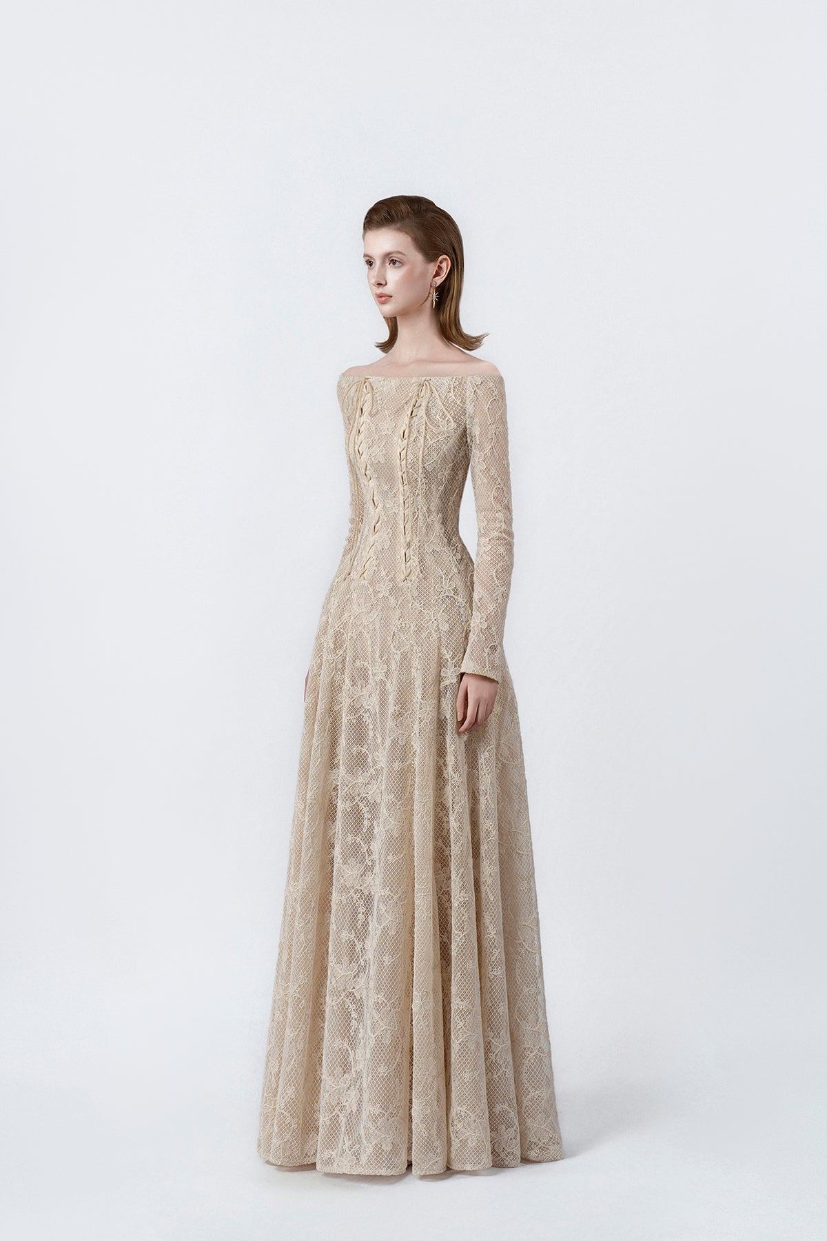 beige flared lace maxi dress, DeTHEIA