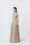 beige flared lace maxi dress, DeTHEIA