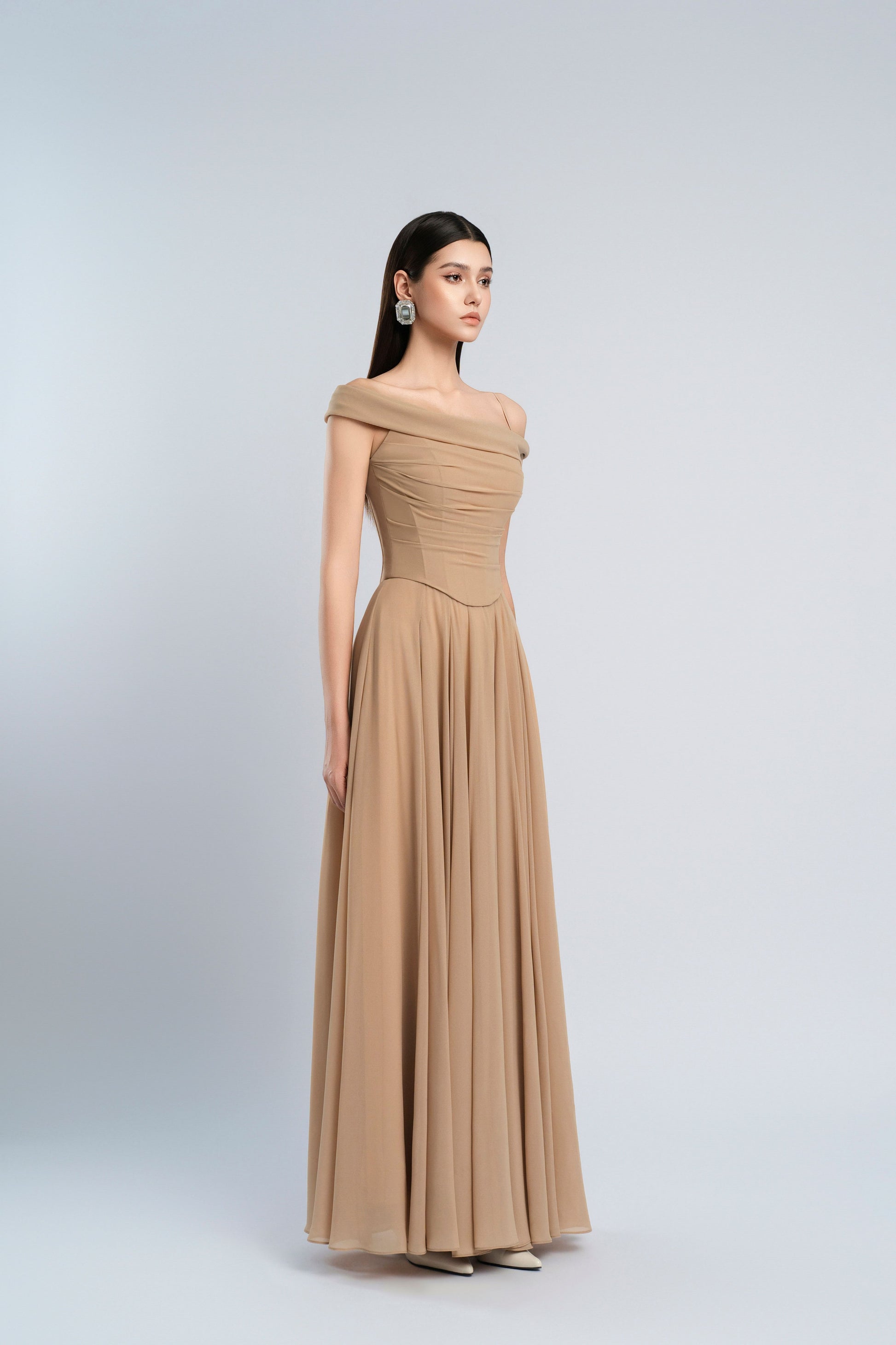 nude chiffon dress Sheer Long Sleeves Nude Chiffon Prom Dresses With Split