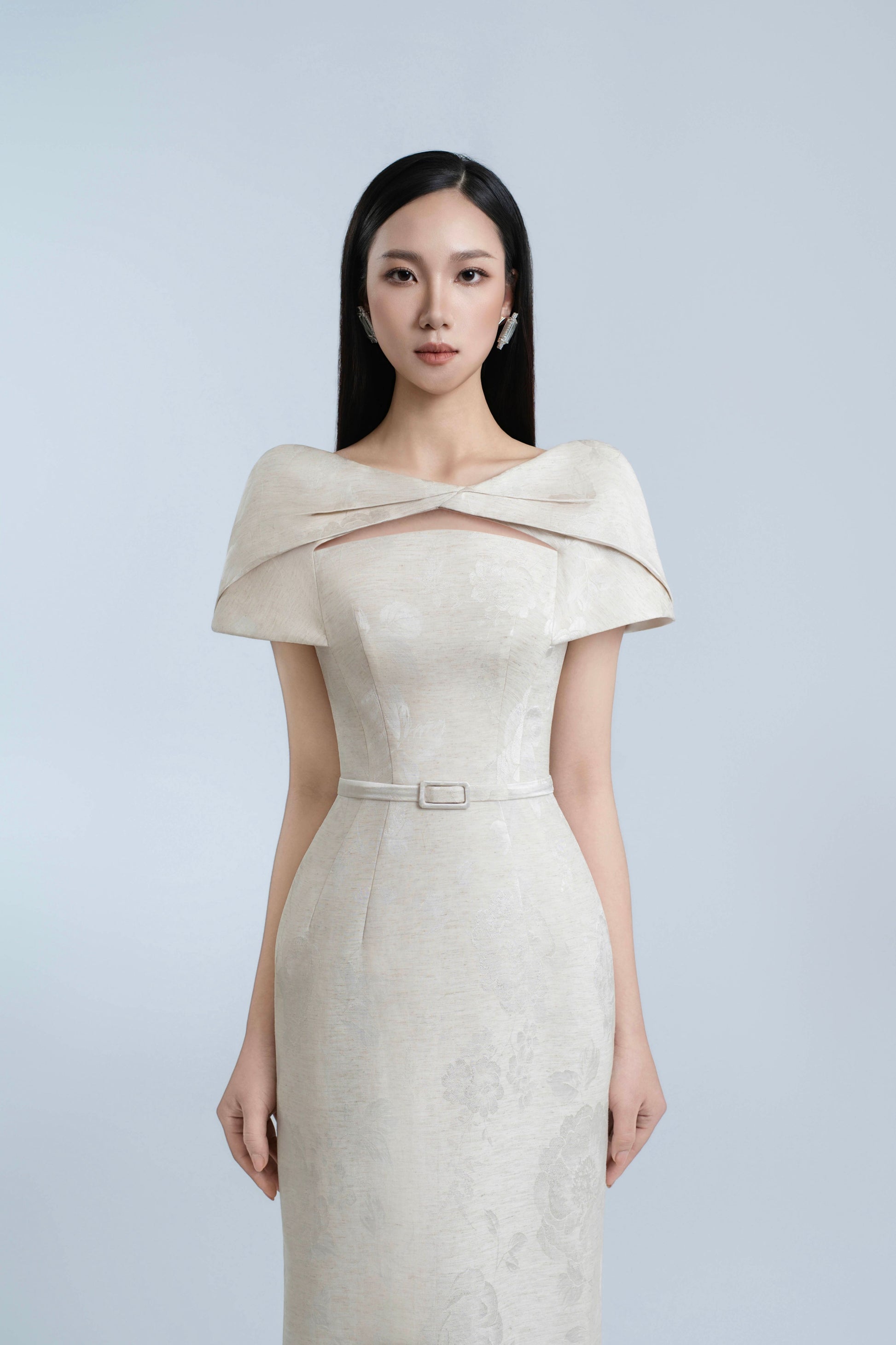 beige pencil dress ASOS DESIGN high neck tuck midi pencil dress in beige